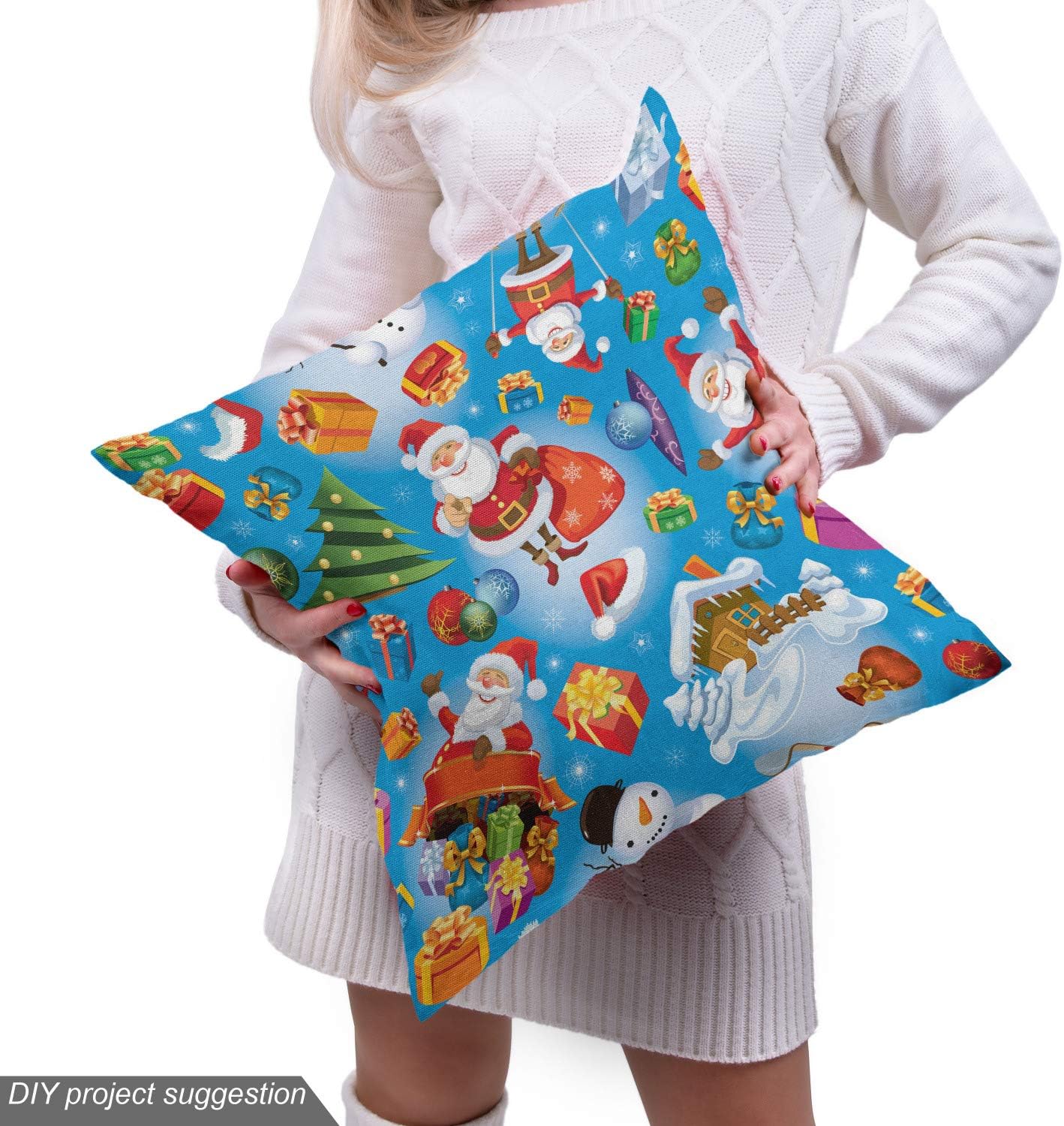 Christmas Fabric by The Yard, Santa Claus Themed Pattern Merry Christmas Jolly Present Cartoon Art Motifs, Decorative Fabric for Upholstery and Home Accents, 1 Yard, Blue